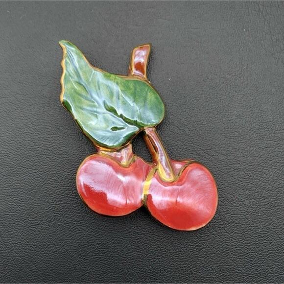 Artisan Handmade Ceramic Cherries Brooch Pin Cherry Fruit - Picture 1 of 4